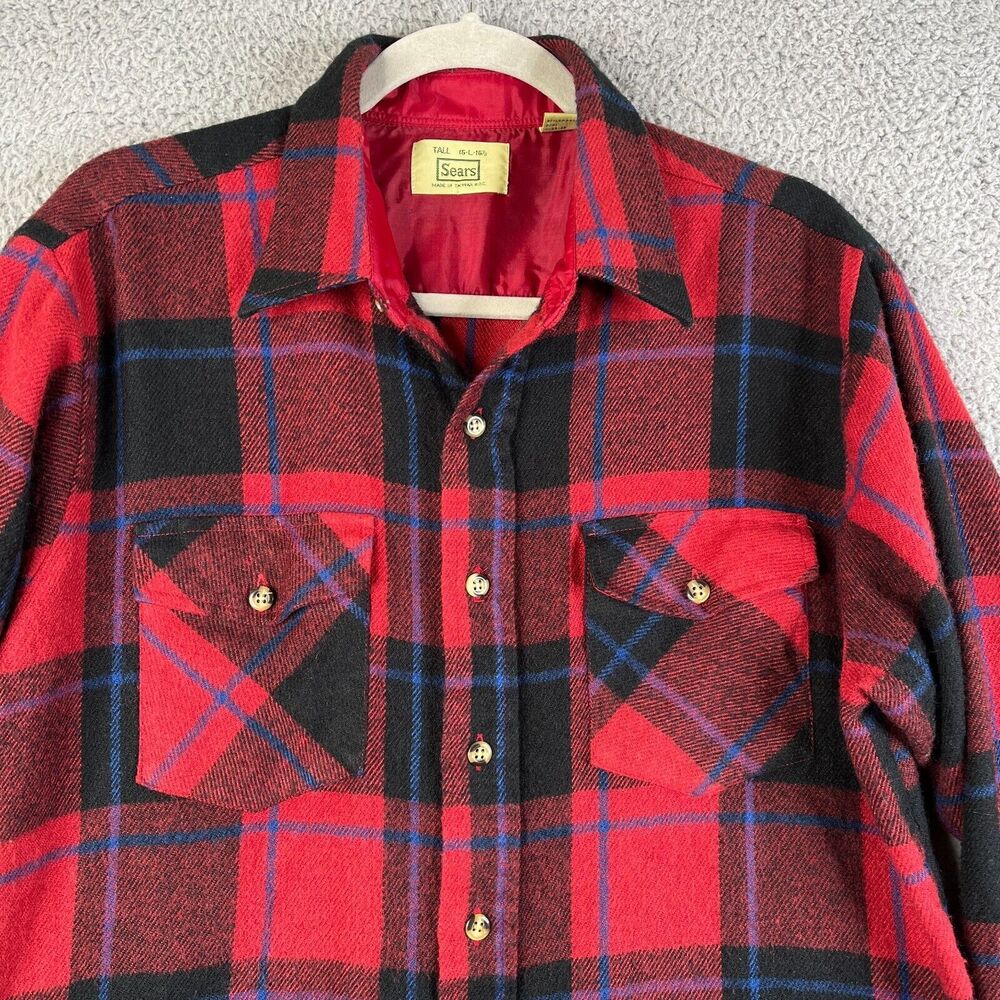VTG SEARS ROBUCK Shirt Men Large 16-16.5 Red Blue Flannel Plaid AcryIic Outdoor
